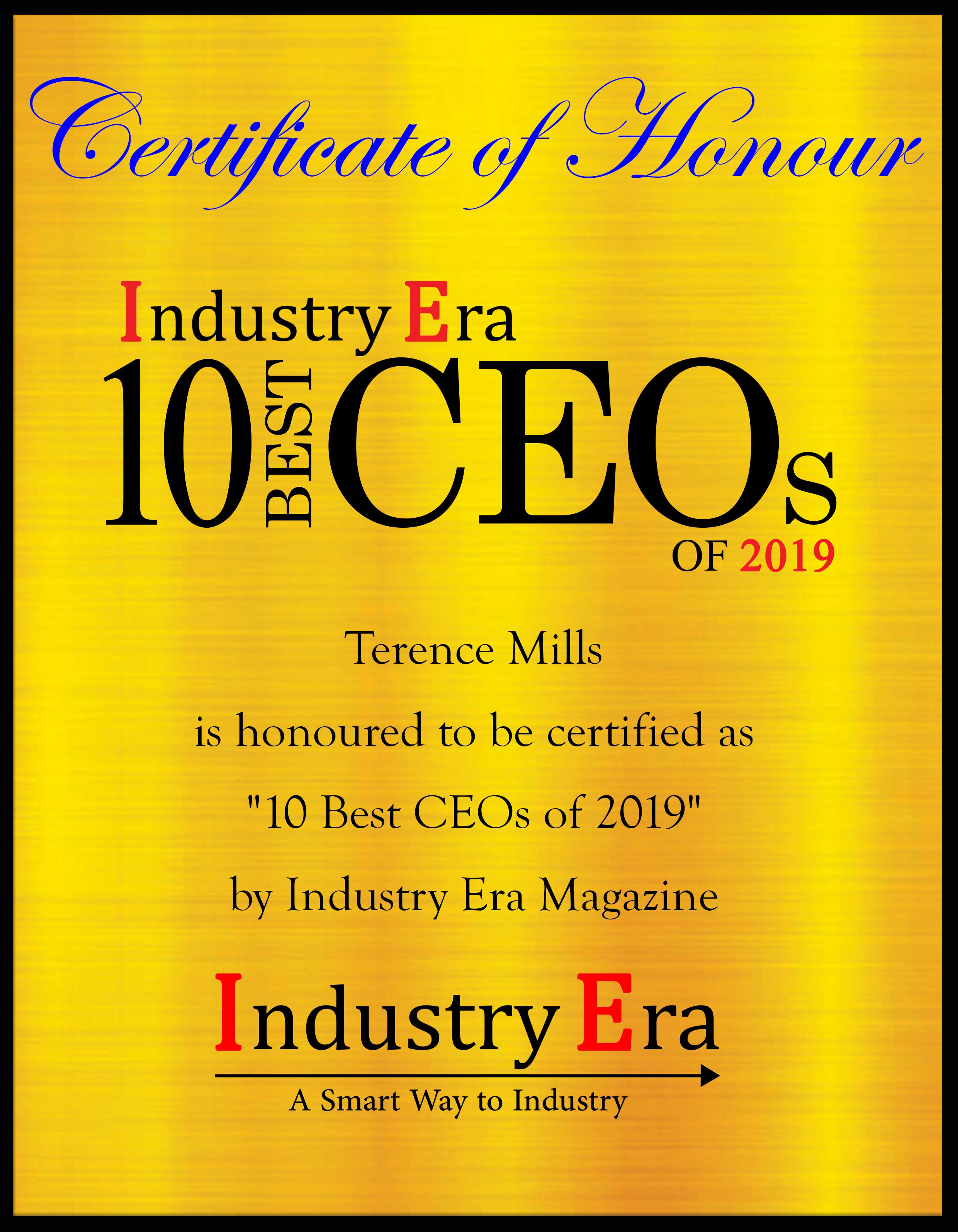 Terence Mills CEO & Chairman AI.io, Best CEOs of 2019 Certificate