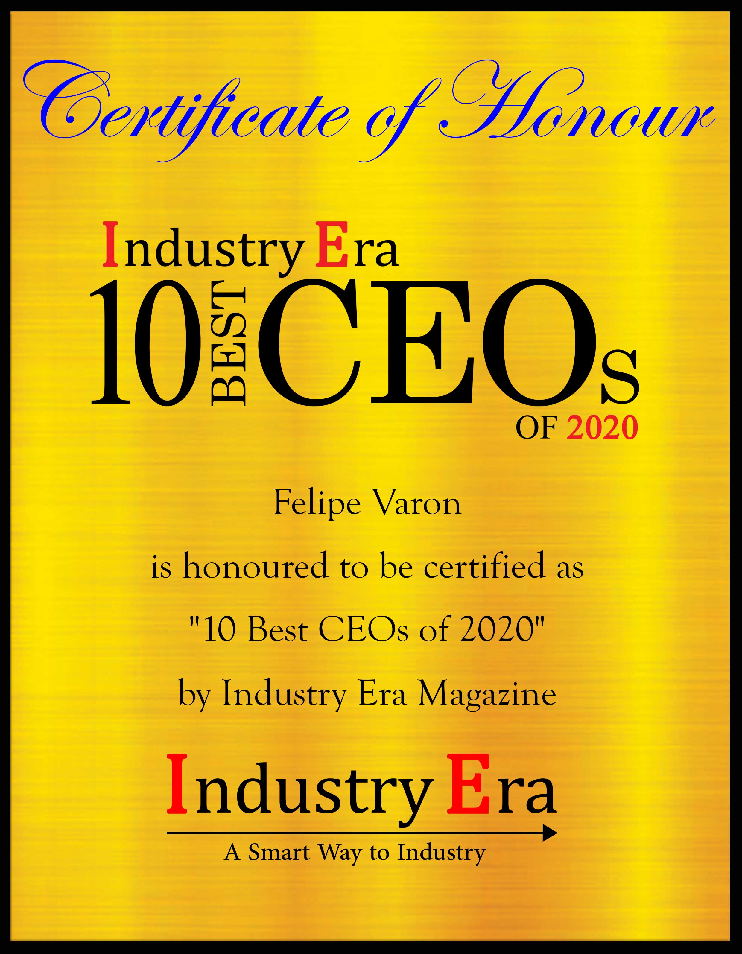 Felipe Varon Founder & CEO Varon Vehicles Corporation  Certificate